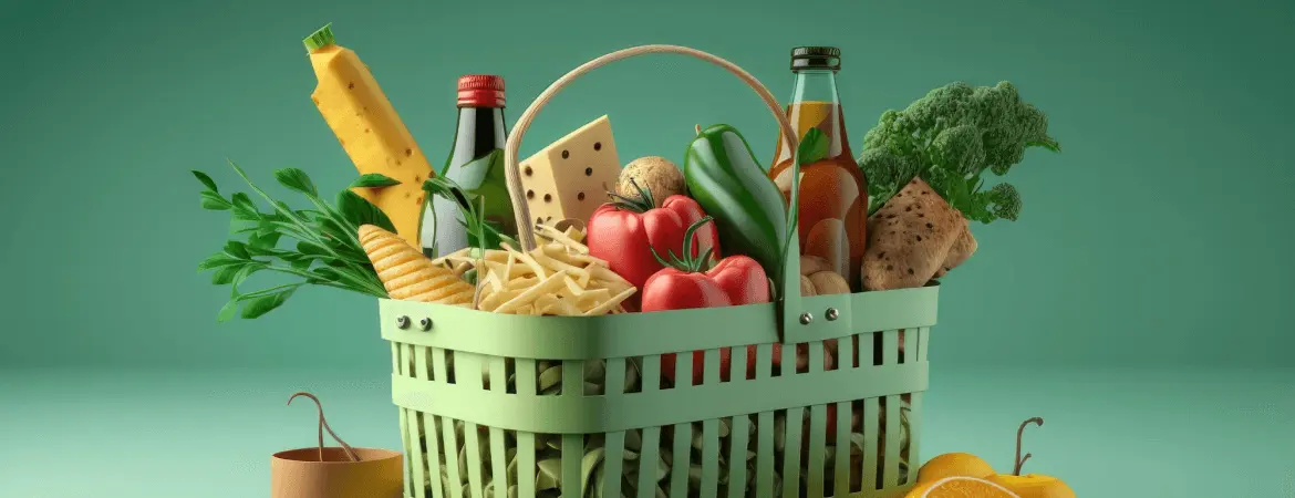 Grocery basket filled with vegetables, fruits, cheese, pasta, and organic food items on green background.