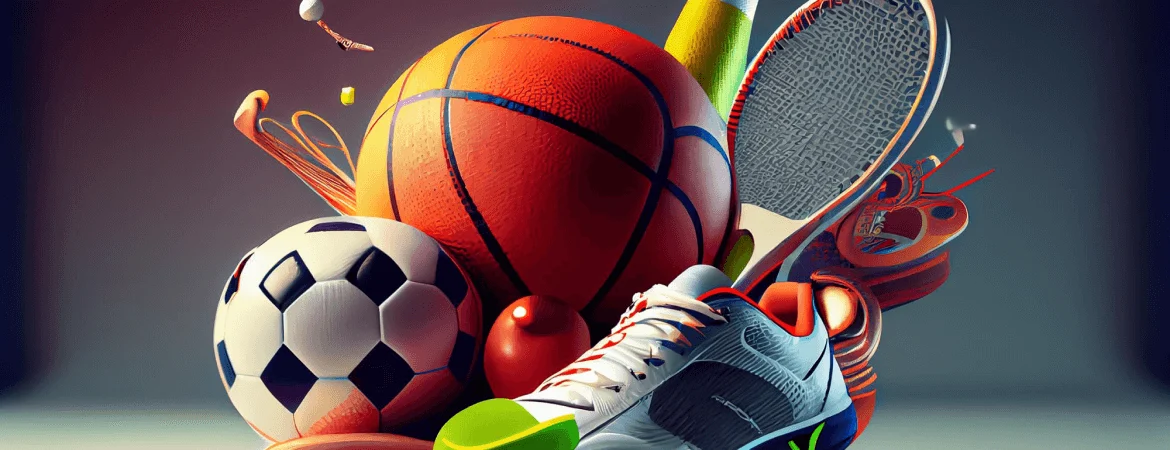 Sports equipment including football, basketball, tennis racket, and running shoes.